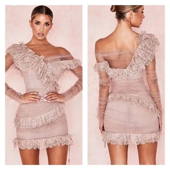 HOUSE OF CB Sorrel Blush Pink Off the Shoulder Lace Ruffle Mini Dress Large NWT - Picture 8 of 16